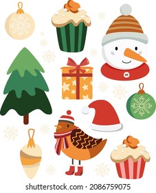 A large set of Christmas attributes, Christmas tree and New Year's birds, elements of decorating the Christmas tree and gifts. Vector illustration.