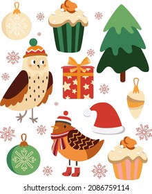 A large set of Christmas attributes, Christmas tree and New Year's birds, elements of decorating the Christmas tree and gifts. Vector illustration.