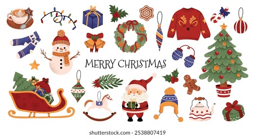 Large set of Christmas cute design elements. Winter cozy holiday decor. Xmas ornament, Christmas tree, snowman, Santa, sleigh, presents. Colored flat vector illustrations isolated on white background.