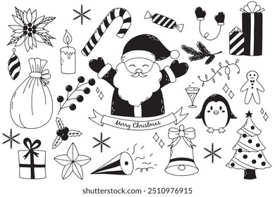 Large set of Christmas design elements in doodle style. Vector illustration