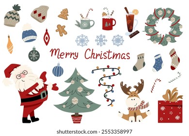 A large set of Christmas design elements. Great collection of festive clipart for Christmas. Traditional versatile images in a simple style for greetings, cards, home decor, stickers, patterns, etc.