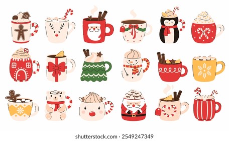 Large set of Christmas drinks. Hot chocolate, cocoa, lemon tea, marshmallows, cinnamon, spices. Flat vector illustration.