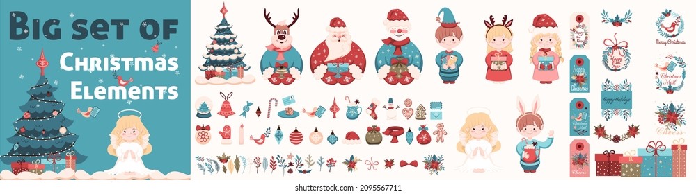 Large set of Christmas Elements. Christmas Characters, festive elements, Sets for creating postcards, flyers, seamless textures, greetings, invitations and other Christmas products.