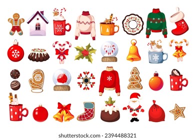 A large set of Christmas elements. Merry Christmas and Happy New Year. Christmas pudding, winter sweater, ginger cookies, hot chocolate, lollipops, Santa Claus.Vector illustration.
