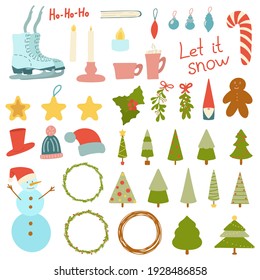 Large set of Christmas elements, objects isolated on a white background. Merry Christmas and Happy New Year. Skates and snowman, tree, gnome, candles, wreaths, holly, mistletoe and cookies, candy.