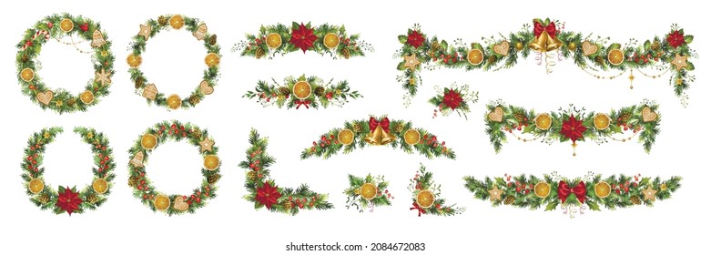 Gran conjunto de guirnaldas de abetos de Navidad con poinsettia, bayas, conos, campanas de jingle, rodajas de naranja y galletas de jengibre.  Ilustración vectorial.