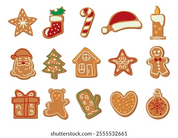 Large set of Christmas gingerbread with coloured icing Winter homemade desserts of different shapes Baking on white background Vector illustration