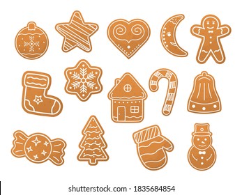 A large set of Christmas gingerbread: houses, crescent moon, man, snowflakes, sock, tree, bell, star, New Year's ball. Christmas collection gingerbread cookies figures. Vector illustration.