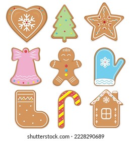 A large set of Christmas gingerbread: gingerbread houses, gingerbread man, snowflakes, sock, Christmas tree, bell, star, mitten. Vector illustration.