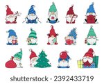 large set of Christmas gnomes with gingerbread cookies, lanterns, garlands, cocoa, striped candy cane, Christmas tree toys, gifts and a snow globe. holiday cartoon characters. New Year