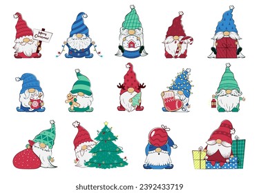 large set of Christmas gnomes with gingerbread cookies, lanterns, garlands, cocoa, striped candy cane, Christmas tree toys, gifts and a snow globe. holiday cartoon characters. New Year's decor