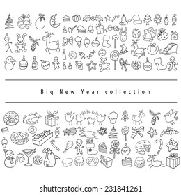large set of Christmas and holiday items  hand drawing vector icons and stylish icons line drawing objects black white