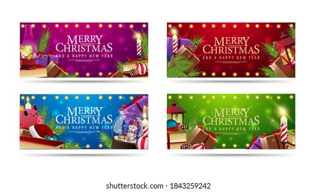 Gran juego de pancartas de saludo horizontales navideñas decoradas con un montón de regalos navideños