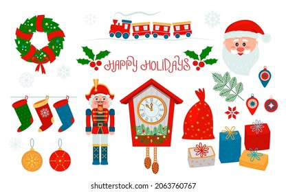 large set of Christmas icons. Santa, locomotive, tree, nutcracker, Christmas balls, watches, gifts, socks. flat vector illustration. concept Xmas