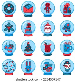 Large set of Christmas icons. Snow balls with New Year theme. Flat New Year icon, logo. Vector geometric illustration. Modern design for websites, applications, advertisements, postcards, invitations