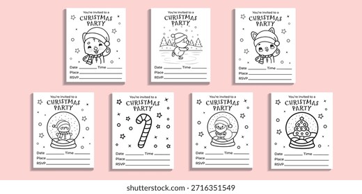 A large set of Christmas invitations, cute vector New Year coloring pages	