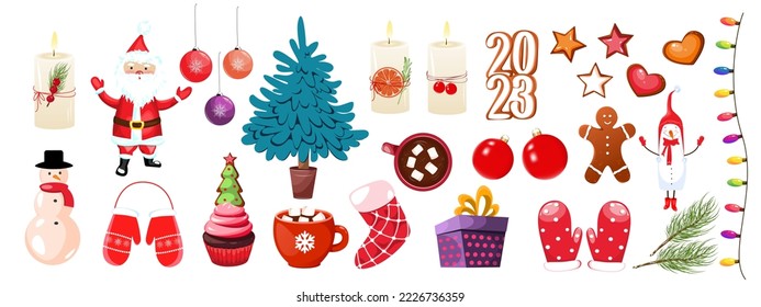 A large set of Christmas and New Year elements.Santa Claus, Christmas tree.ginger cookies.Christmas toys,snowman,mittens, candles.Elements for Christmas design.Vector illustration.