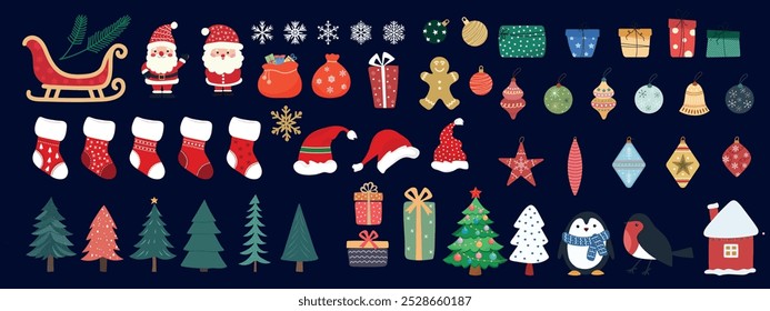 Un Grande conjunto de Navidades y Elementos de Nuevo año para el diseño de vacaciones. Santa, trineo, copos de nieve, pingüino, teta, regalos, decoraciones de Navidad y otros Elementos de Navidades. Vector.