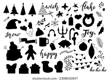 A large set of Christmas pictures in doodle style. New Year's black silhouette illustrations for greeting card design, for design of a poster, banner, print. Vector hand drawn picture