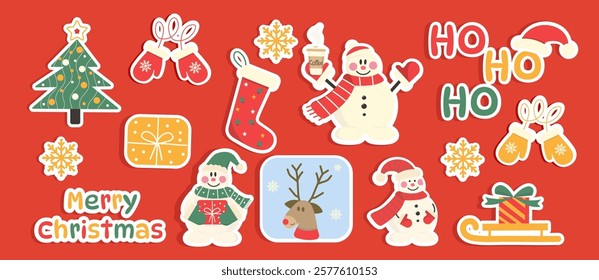 A large set of Christmas stickers isolated on a red background. Three snowmen, a reindeer, snowflakes, a gift, a sleigh, inscriptions, a Christmas tree. Vector illustration