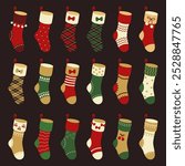 A large set of Christmas stocking stuffers for gift giving. 18 elements in red, green, gold colors. Vector holiday illustration on dark background.