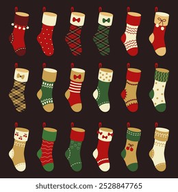 A large set of Christmas stocking stuffers for gift giving. 18 elements in red, green, gold colors. Vector holiday illustration on dark background.