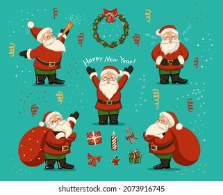 A large set with a Christmas theme. Santa Claus, gifts, snow.