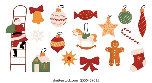 Large set of Christmas tree baubles and decorations. Collection of beautiful decorative toys. Christmas ornaments. Vector illustration