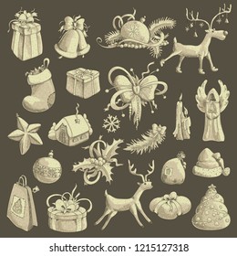 A large set of Christmas tree decorations. Freehand drawing. Elements for Christmas cards.