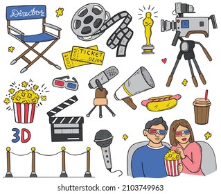 A large set of cinema items. couple in love at cinema, popcorn, movie camera, hot dog. Cinematography, tickets, loudspeaker. Handmade illustration. doodle