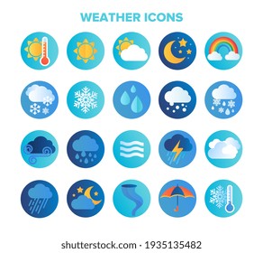 Large set of circular blue weather or meteorological icons or stickers with seasons, sun, rain, clouds, cyclone, winter freeze, lightning and wind isolated on white , flat colored vector illustration