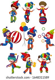 Large set of circus clowns doing different tricks illustration