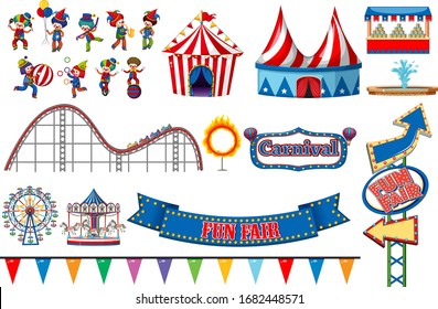 Large set of circus rides and clowns on white background illustration