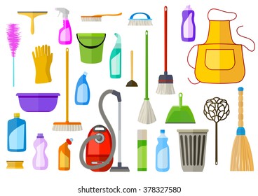 large set of cleaning supplies. flat illustration. vector tools of housecleaning