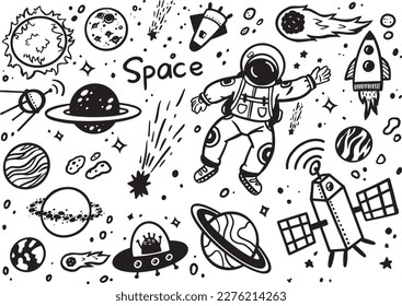 A large set of cliparts cosmos. Collection of cosmonauts' doodles,planet, sun, moon, meteorite, satellite, shooting star,rocket. Hand-drawn icons