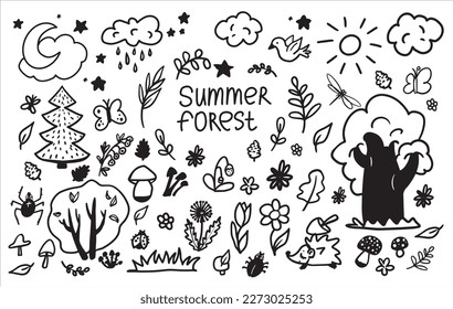 A large set of cliparts summer forest. Collection of doodles, trees, leaves, flowers, hedgehog, bird, insects, clouds, sun and moon. Hand-drawn icons