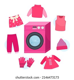 A large set of clothes for teaching colors. Cartoon vector illustration of a pink washing machine and a set of pink clothes. Template for children's educational games with Velcro, workbooks.
