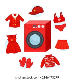 A large set of clothes for teaching colors. Cartoon vector illustration of a red washing machine and a set of red clothes. Template for children's educational games with Velcro, workbooks.
