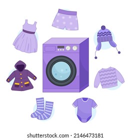 A large set of clothes for teaching colors. Cartoon vector illustration of a violet washing machine and a set of violet clothes. Template for children's educational games with Velcro, workbooks.
