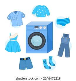 A large set of clothes for teaching colors. Cartoon vector illustration of a blue washing machine and a set of blue clothes. Template for children's educational games with Velcro, workbooks.
