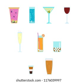 
large set of cocktails with and without alcohol, juice, champagne, wine, beer, Margarita, water