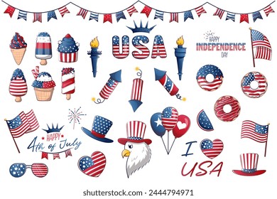 Large set collection of 4th of July USA Independence Day with cartoon items