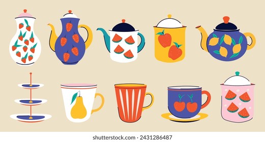A large set and collection of dishes in a modern trendy style. Tea and coffee. Groovy design. Vector illustration. Vibrant colors. Flat style. Ceramic Crockery. Psychedelic postcard. Food and treats