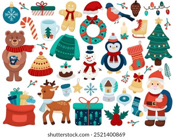 A large set or collection in flat style on the theme of Christmas and New Year, elements for cute decoration of your projects and designs. Santa Claus, heroes, animals and other elements.