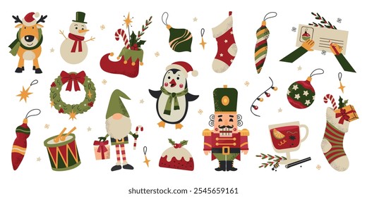 Large set collection of winter Christmas New Year elements. Nutcracker, gnome, deer, decor, pudding, socks, snowman, penguin