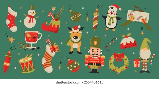 Large set collection of winter Christmas New Year elements. Nutcracker, gnome, deer, decor, pudding, socks, snowman, penguin on green background