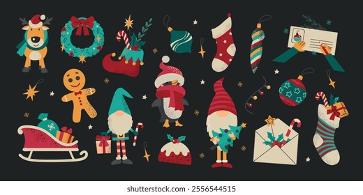 Large set collection of winter Christmas New Year elements letter to Santa, gnomes, deer, decor, pudding, socks, Santa sleigh, penguin on dark background