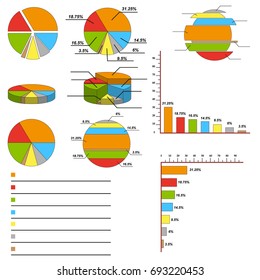 A large set of color charts, charts, tables with percentages and place for your text.
