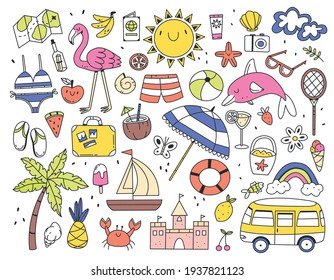 Large set of color different summer items doodle style isolated on white background. Vector doodle illustration.