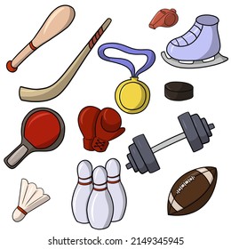 A large set of color drawings in cartoon style of sports attributes, sports equipment, vector illustration on a white background